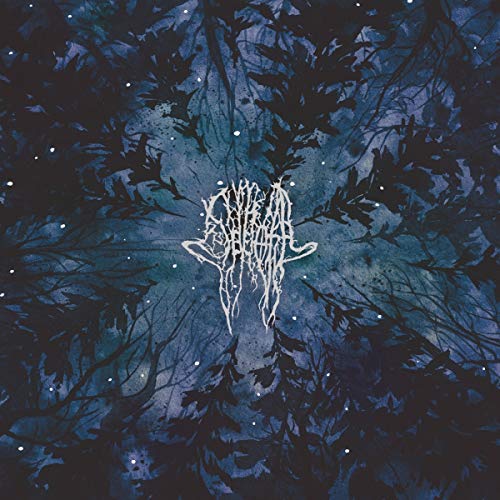 Dark blue watercolor album cover with white, intricate band logo.