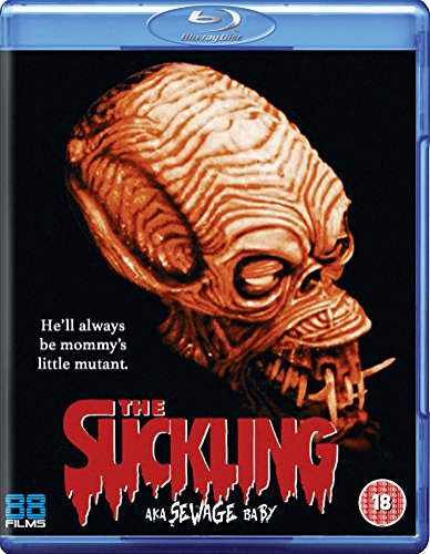 Blu-ray cover for The Suckling featuring a grotesque, brain-like mutant creature on black background.