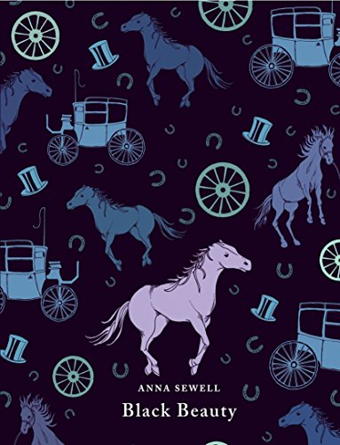 Book cover for "Black Beauty" with horses and carriages pattern.