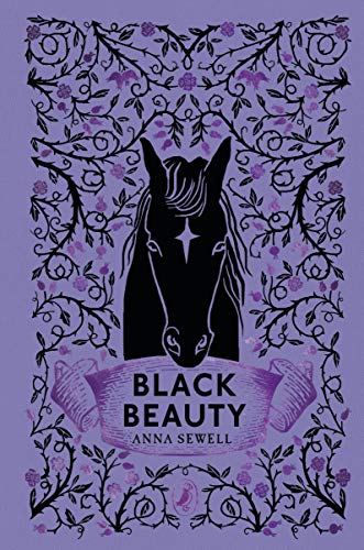 "Purple clothbound book cover with black horse silhouette and floral design, titled 'Black Beauty'."