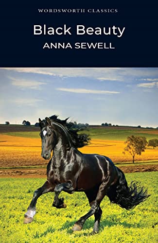 Book cover of Black Beauty by Anna Sewell featuring a black horse running outdoors.