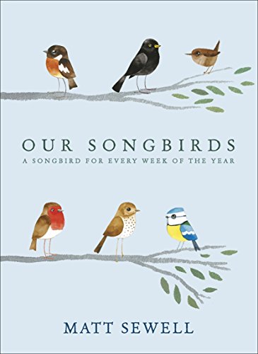 Book cover with seven colorful songbirds perched on branches, light blue background, author's name at bottom.