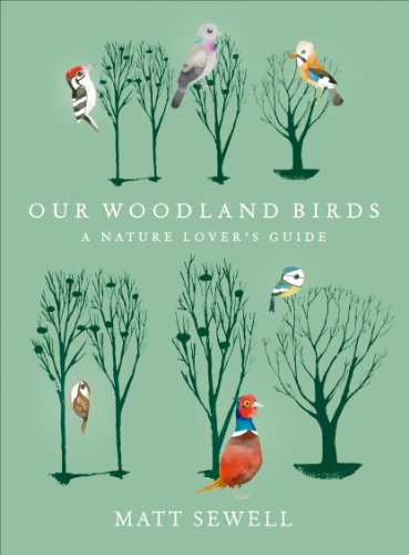 Book cover: illustrated woodland birds among bare trees, green background.