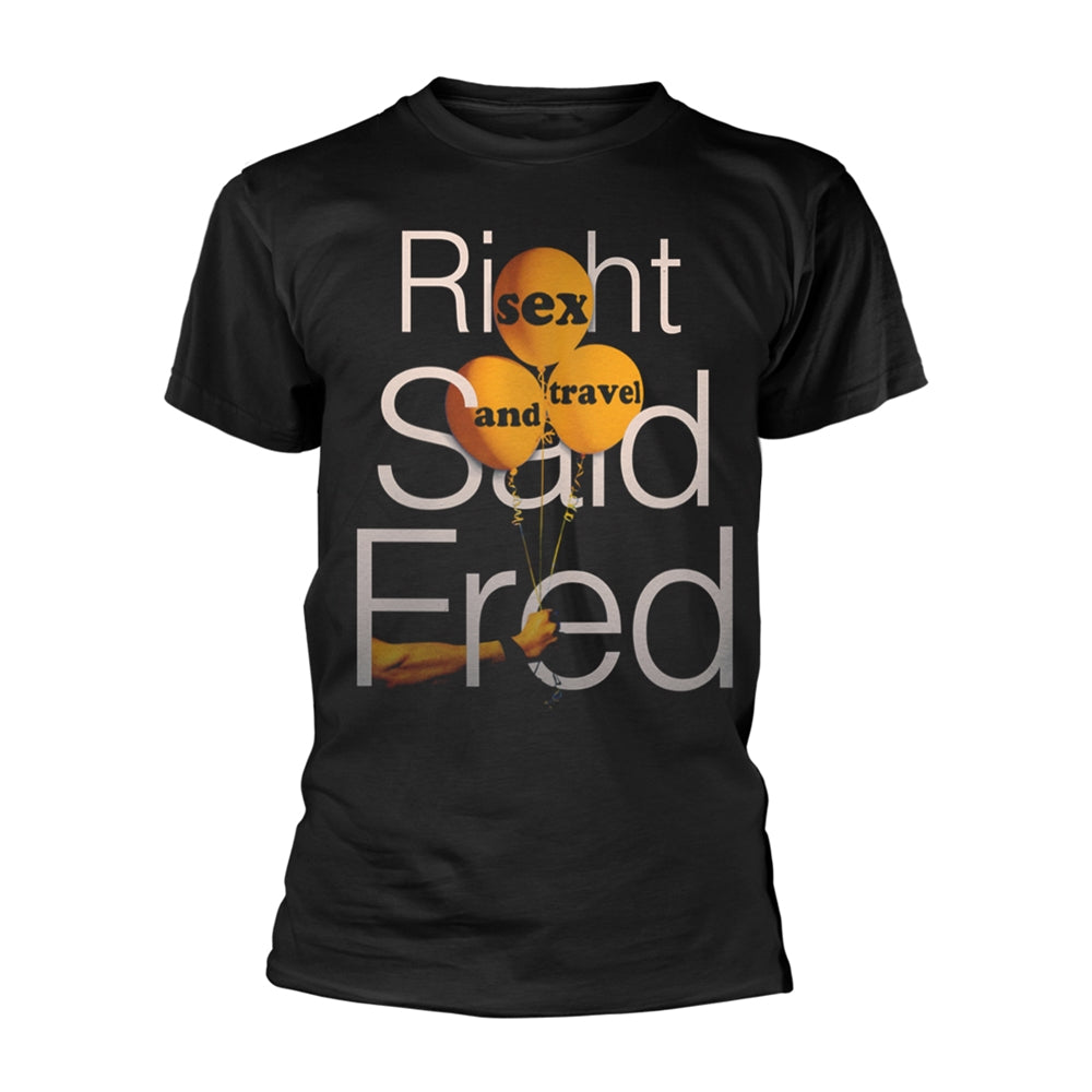 Black t-shirt with text "Right Said Fred" and a stylized image.