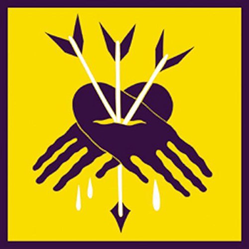 Yellow square with purple hands holding a pierced heart and arrows.