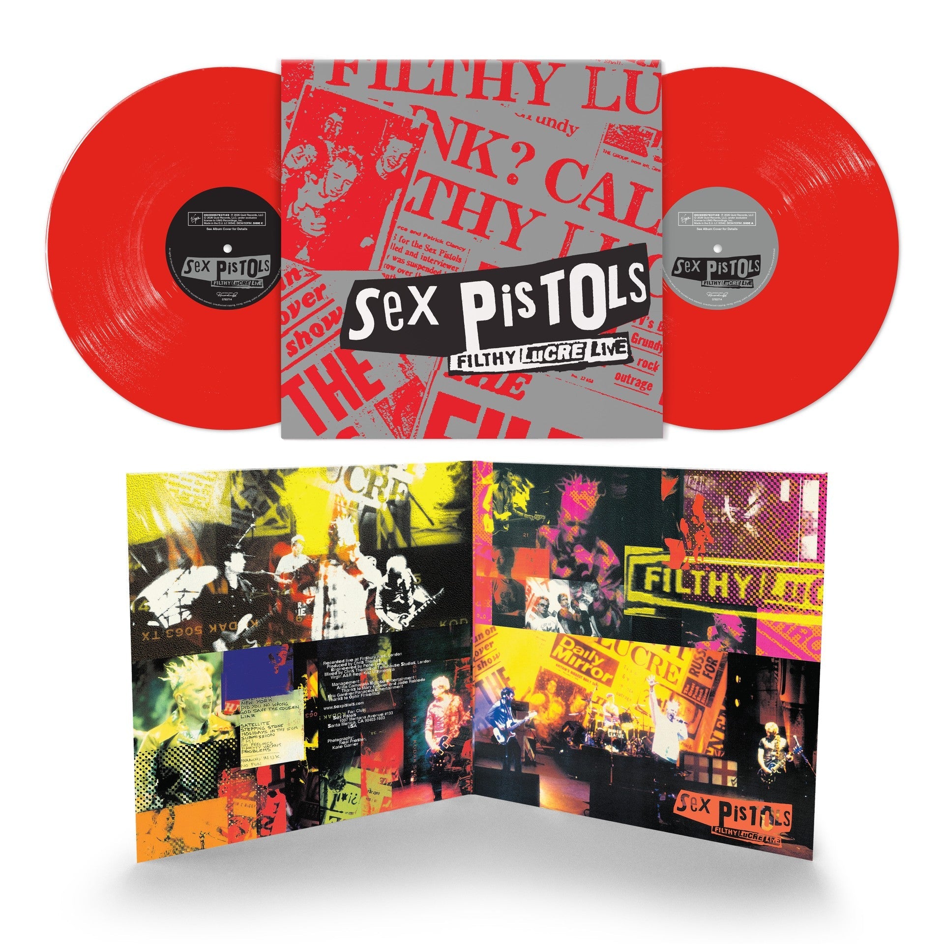 Sex Pistols “Filthy Lucre” vinyl record, red and yellow cover art.