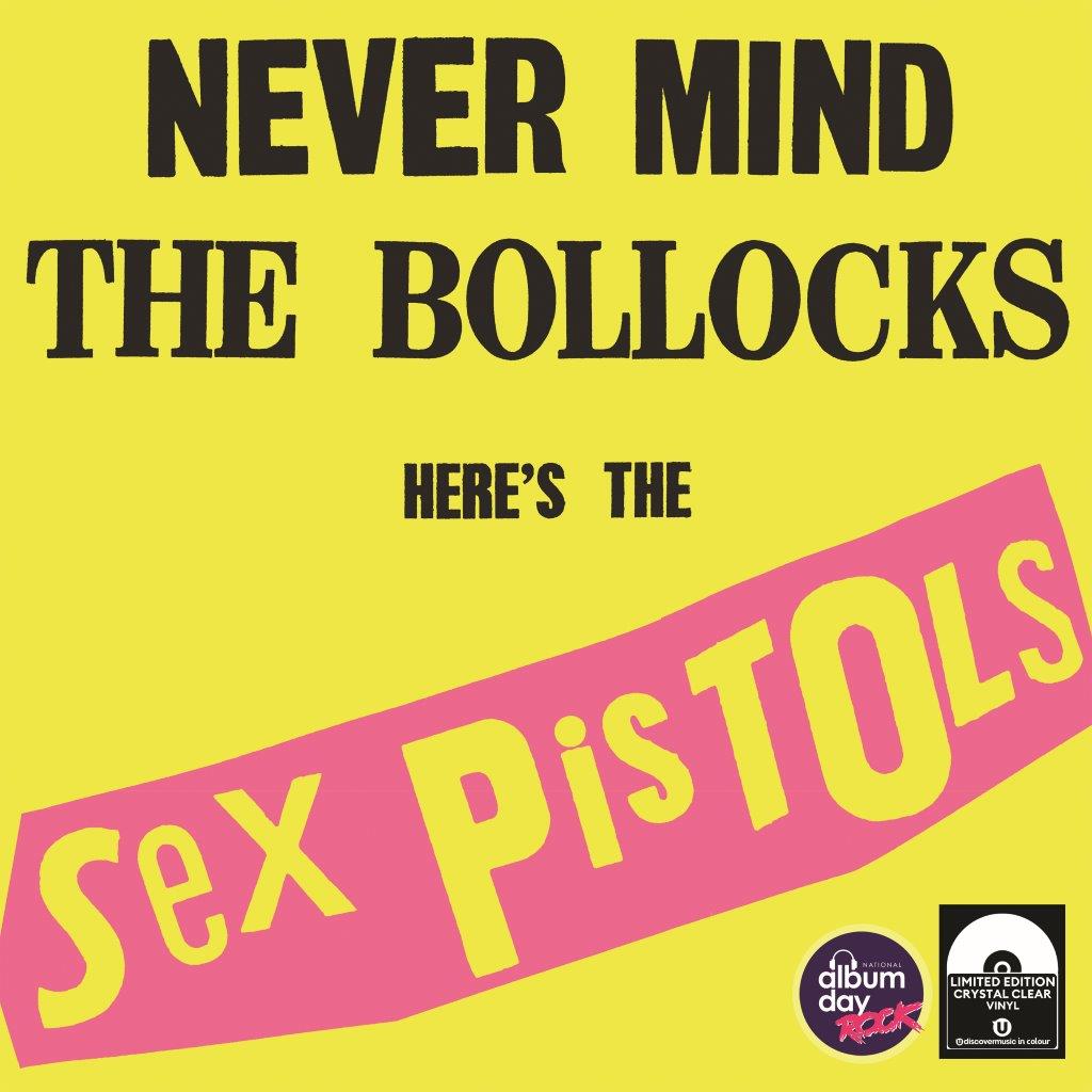 Sex Pistols album cover with black text on yellow background and pink diagonal banner.