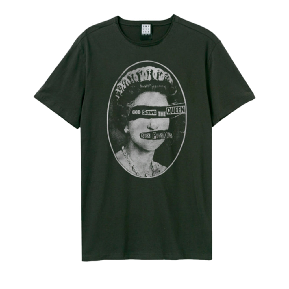 Dark green t-shirt with a distressed black and white image of Queen Elizabeth II.