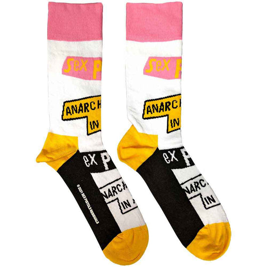 White sock with black and yellow Sex Pistols "Anarchy" design.