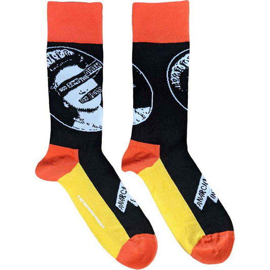Black sock featuring a Queen Elizabeth II graphic, Sex Pistols text, and pink accents.