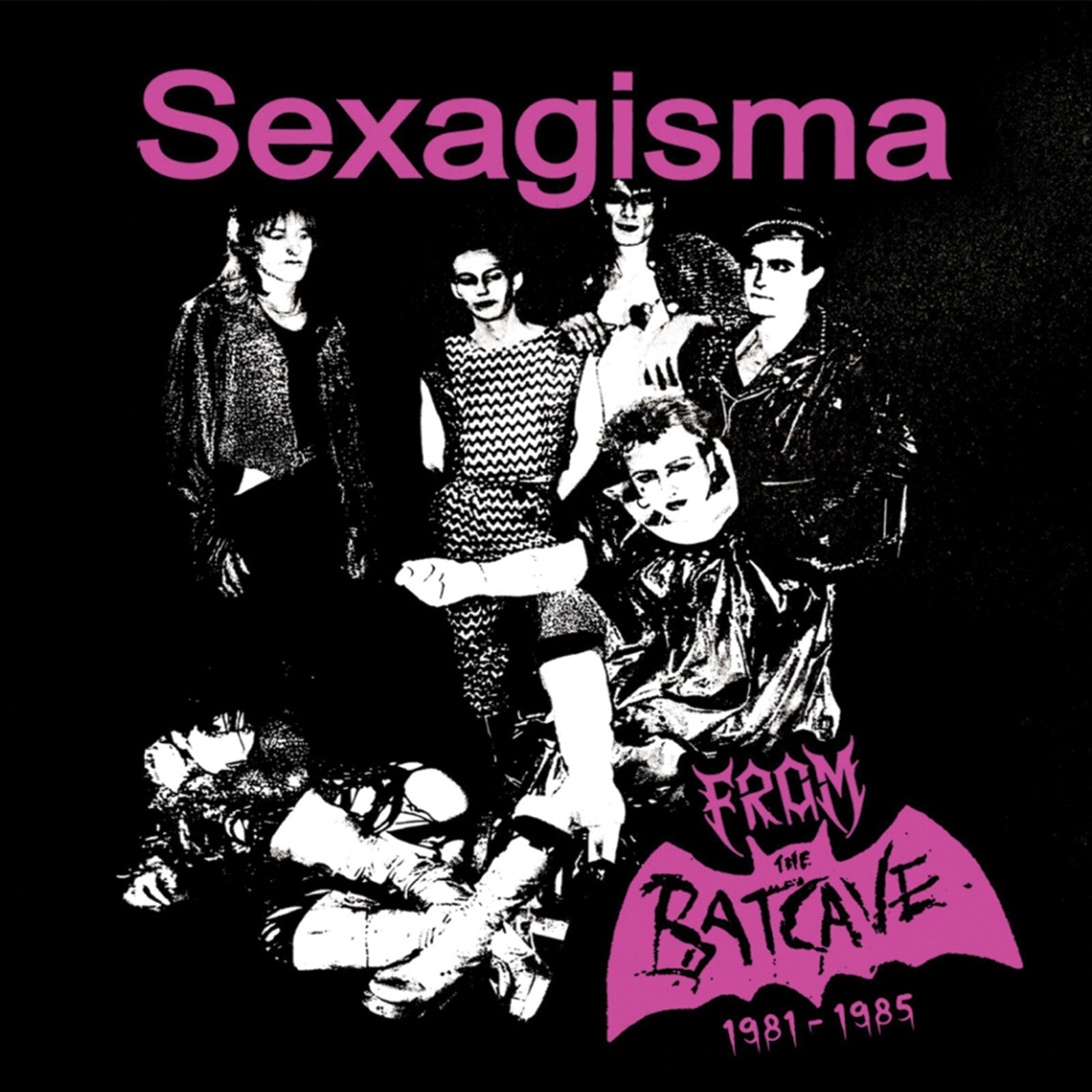Black and white photo of a post-punk band, Sexagisma, with pink text.