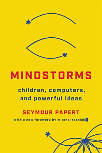 Yellow book cover with blue and red text: "Mindstorms" by Seymour Papert.