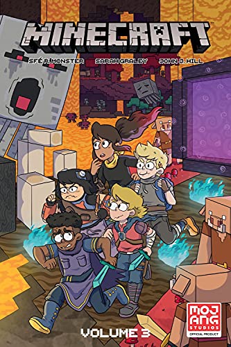 Comic book cover showing four characters running through a Minecraft Nether landscape with mobs.