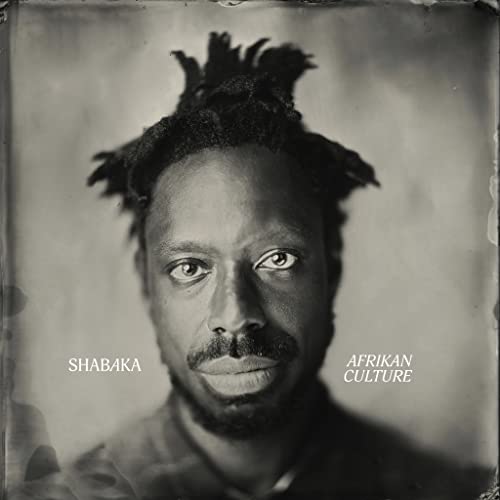 Black and white portrait of a man with dreadlocks, album cover.