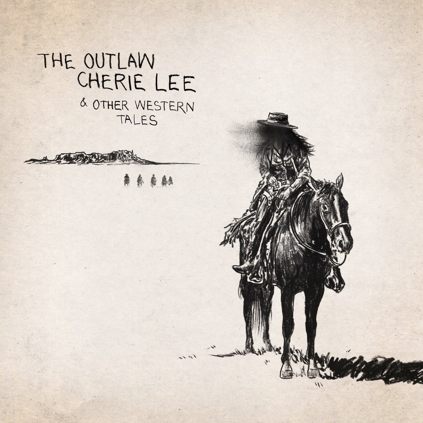 Sketch of a cowboy on horseback with mountains in the background.