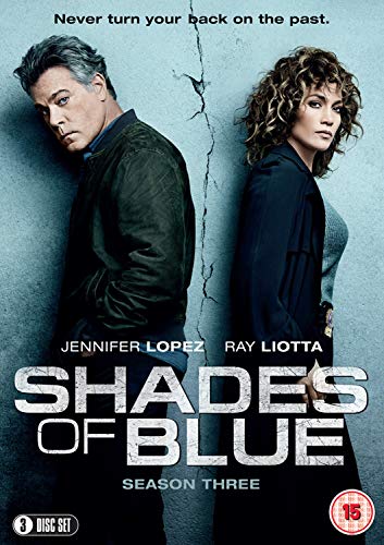 "Shades of Blue Season 3 DVD cover featuring Jennifer Lopez and Ray Liotta."
