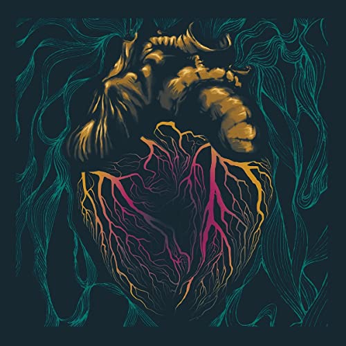Golden anatomical heart with blue lines on a dark background.