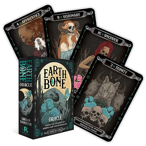 Oracle card deck with skeletal and nature imagery, dark teal and black tones.