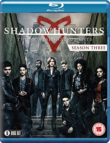 Shadowhunters Season Three Blu-ray cover with cast members and red symbol.