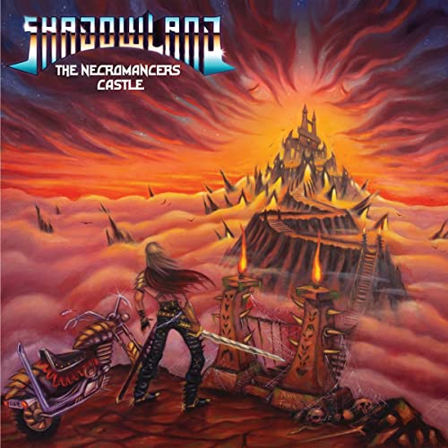 Fantasy album cover: castle, warrior, motorcycle, and fiery, swirling landscape.