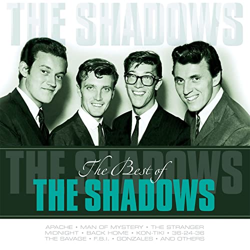 Black and white portrait of The Shadows band members on a vinyl album cover.