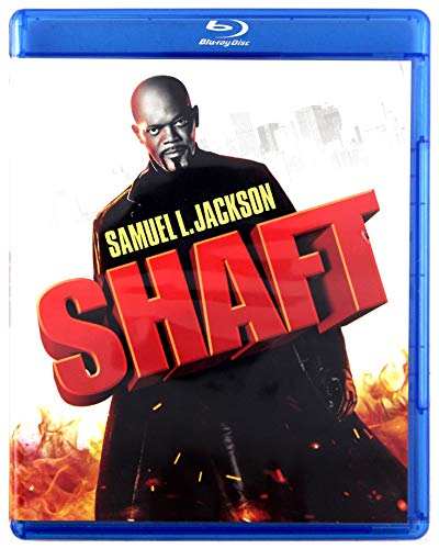Samuel L. Jackson stands in a black coat with large red Shaft movie title.