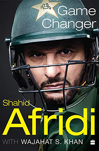Close-up of cricketer Shahid Afridi wearing a helmet, book cover.