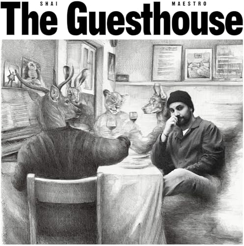 Black and white drawing of a man seated with animal figures at a table.