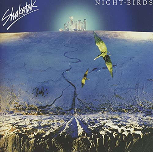 Shakatak album cover: nightbirds flying over a surreal landscape.