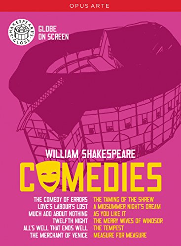 DVD cover for Shakespeare Comedies featuring a Globe Theatre illustration on a pink background.