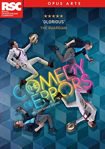 DVD cover for Shakespeare’s “Comedy of Errors” featuring actors in motion.