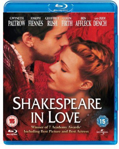 Blu-ray cover art for Shakespeare in Love featuring a couple embracing against red background.