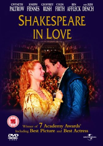 DVD cover for Shakespeare in Love featuring Gwyneth Paltrow and Joseph Fiennes facing each other.