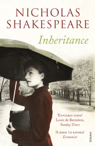 Book cover: woman with umbrella in a park, title "Inheritance" by Nicholas Shakespeare.