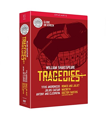 Red DVD case for Shakespeare’s Tragedies, featuring a skull illustration.