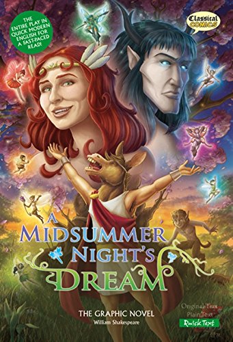 Graphic novel cover featuring Titania, Oberon, and Bottom the donkey in a magical forest.