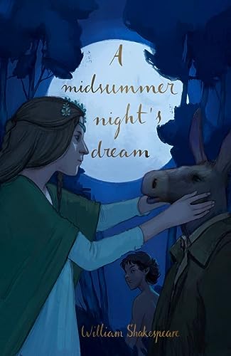 A woman in a green cloak touches a donkey-headed man before a full moon.