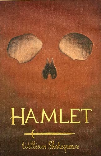 Book cover of Hamlet featuring a skull-like design, gold title, and sword on brown.
