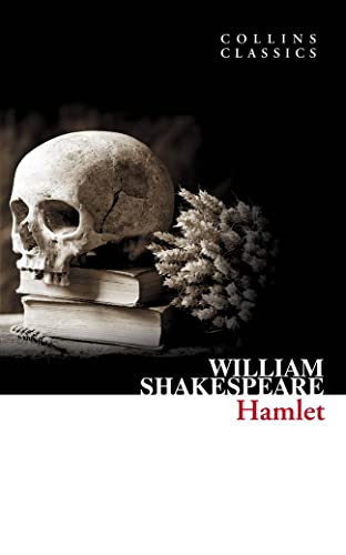 Book cover of Hamlet by Shakespeare with skull and flowers.
