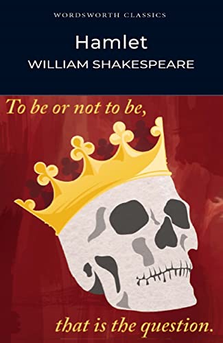 Book cover for Hamlet by William Shakespeare featuring a skull wearing a gold crown.