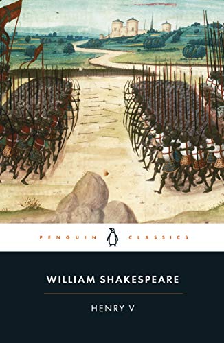 Book cover of "Henry V" depicting a battlefield scene with soldiers.