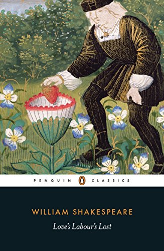 Shakespeare’s “Love’s Labour’s Lost” book cover with a Renaissance-style illustration.