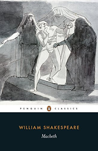 "Book cover of Macbeth by William Shakespeare, featuring a black and white illustration."
