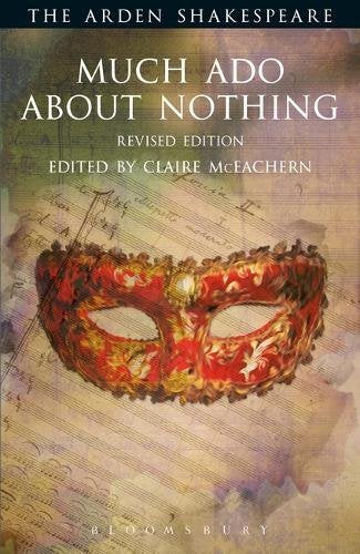 Book cover for Much Ado About Nothing featuring an ornate red mask over sheet music.