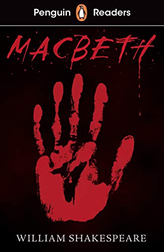 Penguin Readers edition of Macbeth with a red handprint on a dark background.