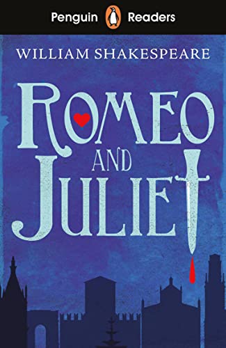 Book cover for Romeo and Juliet featuring a blue background, heart, and dagger icon.