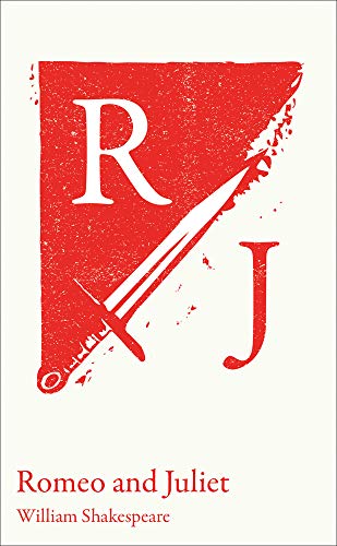 Book cover: red initial “R” with sword, title “Romeo and Juliet”.