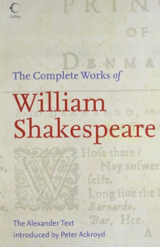 Book cover for The Complete Works of William Shakespeare with parchment background and text.
