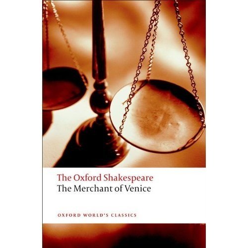 Book cover for The Merchant of Venice featuring an image of golden scales.
