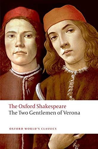 Book cover depicting two Renaissance men in red hats, “The Two Gentlemen of Verona.”
